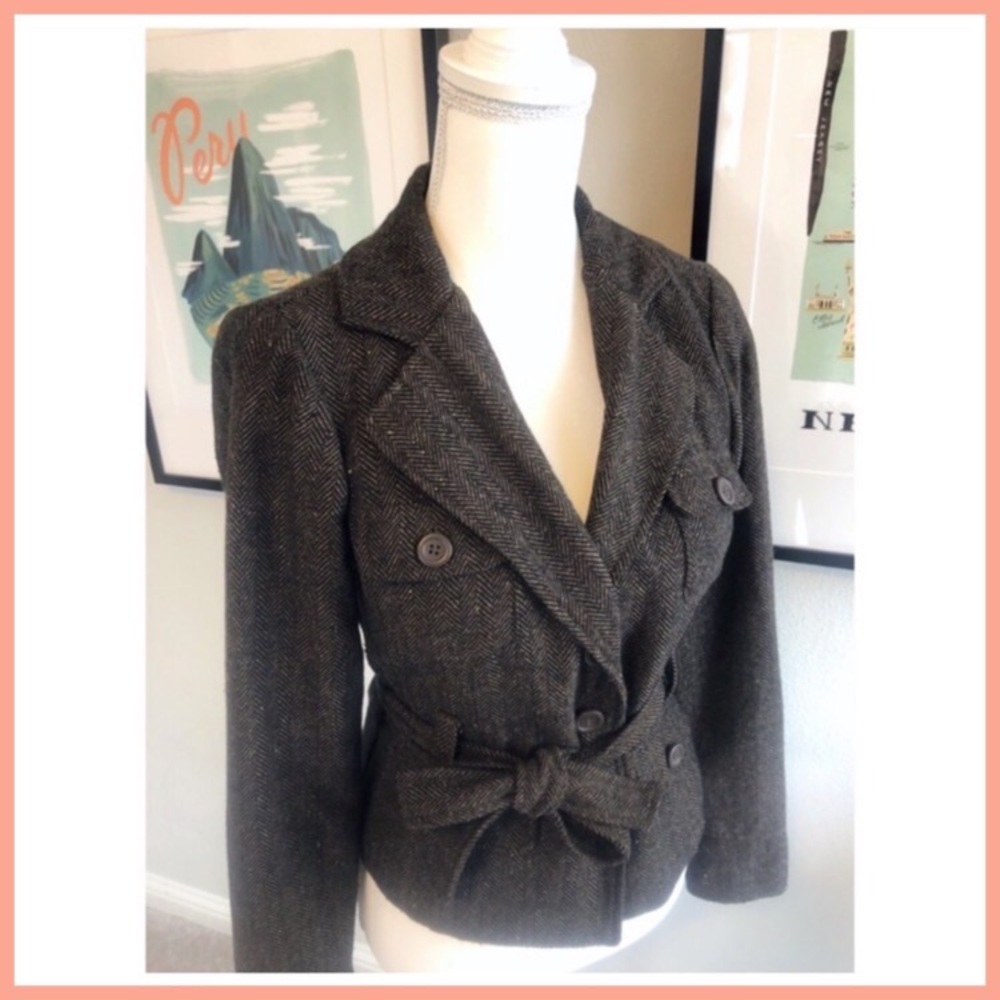 Herringbone Button Up Coat with Waist Tie | Brown